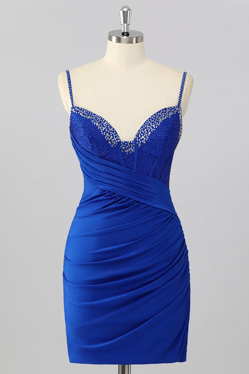 Royal Blue Bodycon Corset Ruched Mini Homecoming Dress with Beading
